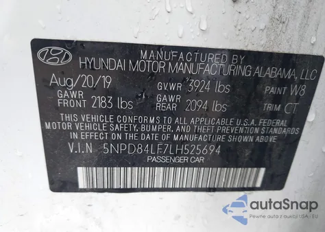 2020 Hyundai Elantra Sel z USA, uszkodzony, nr VIN 5NPD84LF7LH525694